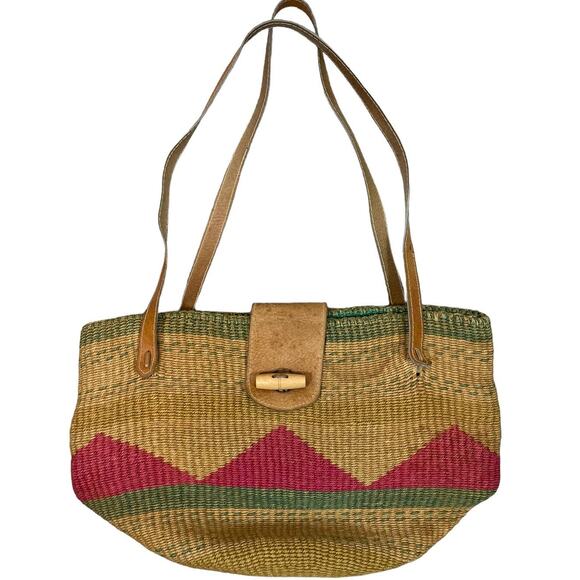 Vintage Woven Sisal Jute Shoulder Bag Market Tote Leather Handles Boho Multi - Picture 4 of 10